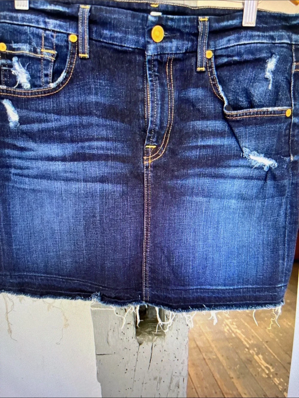 Denim Distressed Mini Skirt - Dark Blue